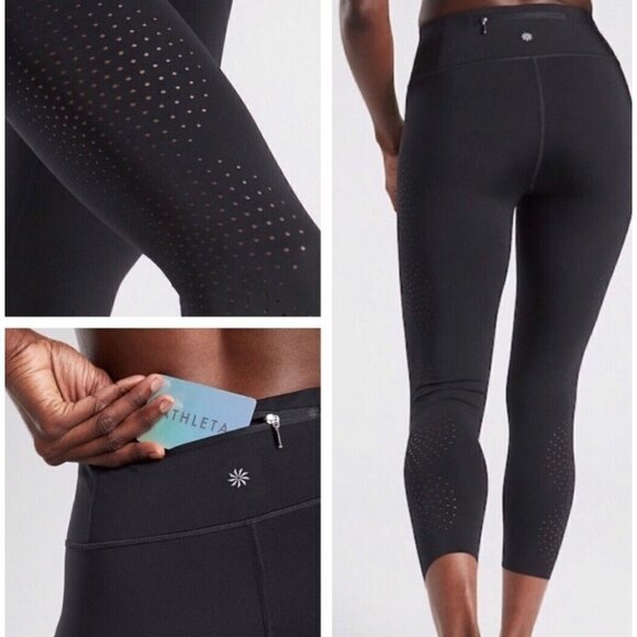Athleta Sz S Black Laser Cut Out Perforated Capri Cropped Pants Leggings - Picture 1 of 15